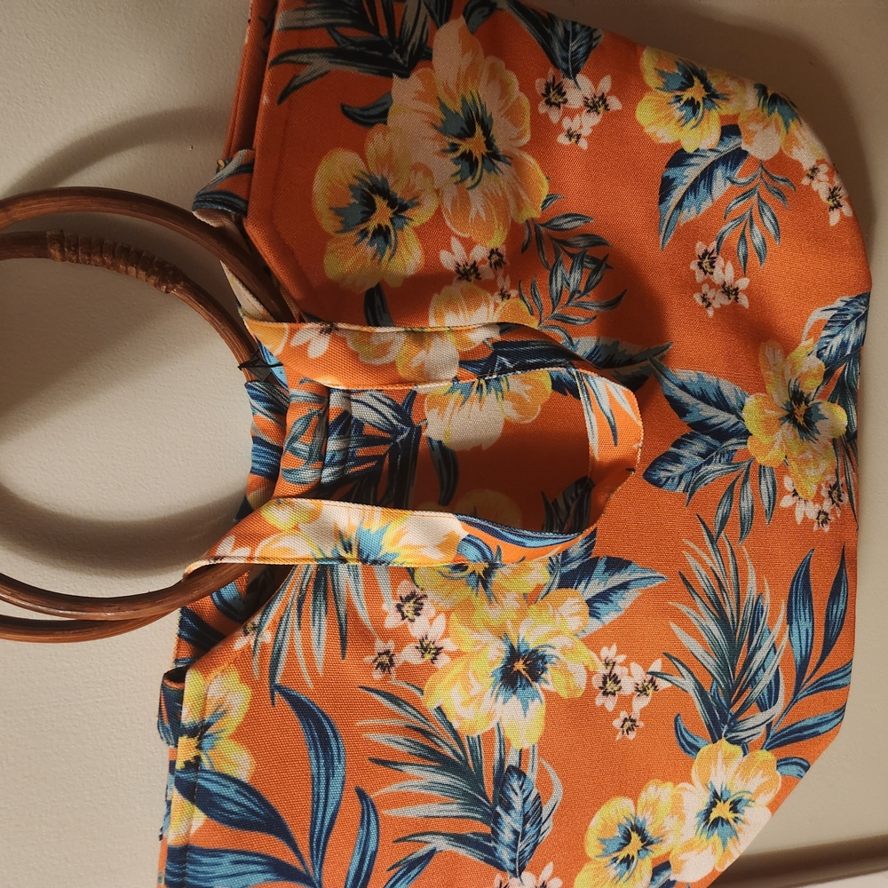 Floral Orange Women's Bag with Wooden Handles